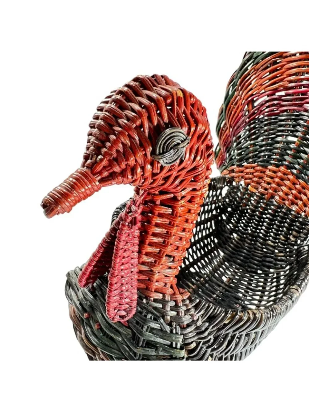 Vtg Wicker Turkey Basket Rattan Red Green Fall Bird Decor Handwoven Colorful